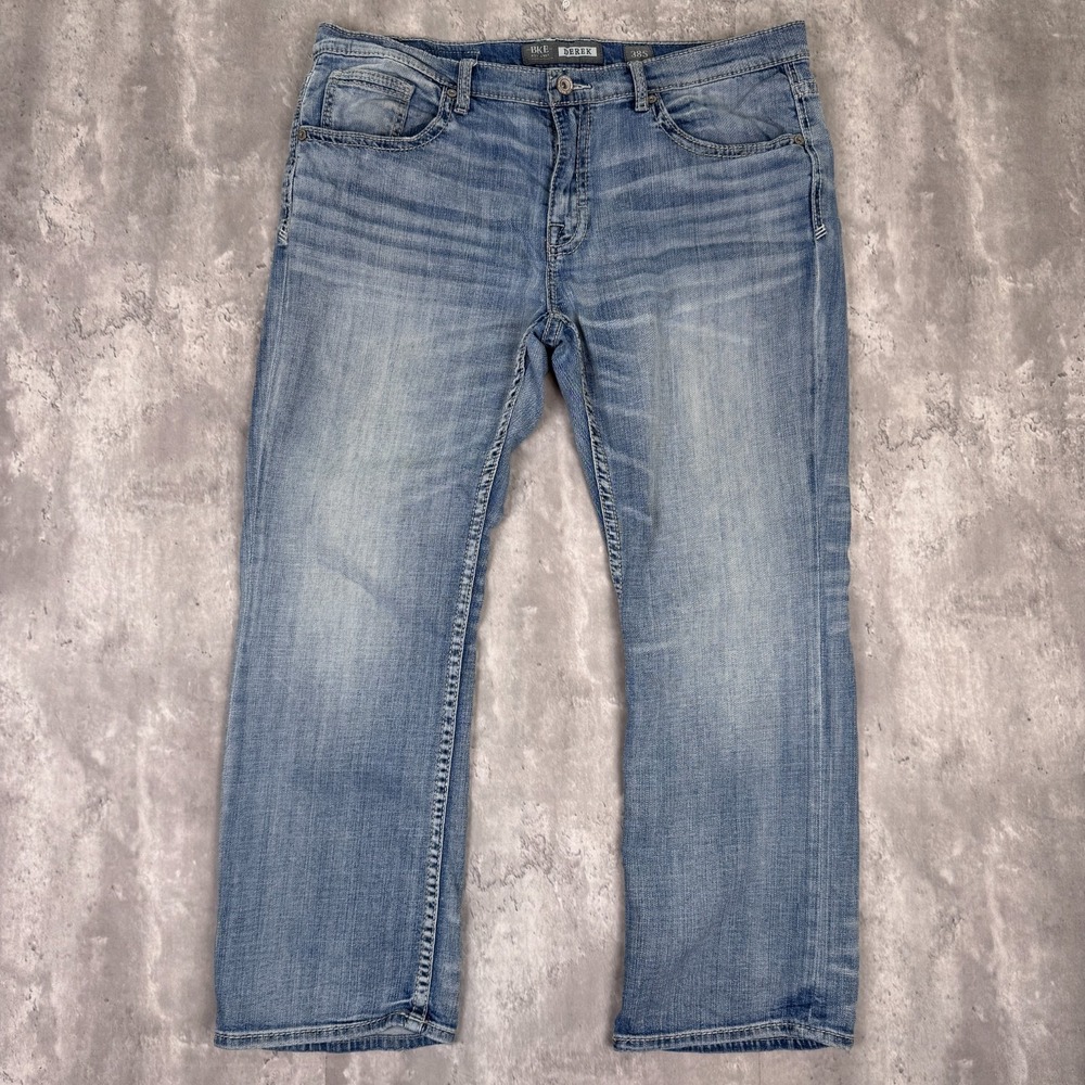 BKE Jeans Mens 38S 38x30 Derek Buckle Bootleg Medium Wash Blue Distressed Denim